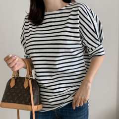 Summer and Korean fashion style bubble sleeve round neck stripe Pullover loose casual T-shirt top