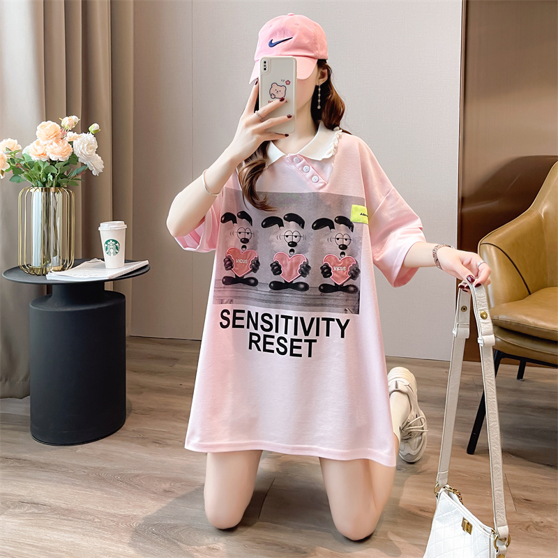 Real shot 65 fish scales 2023 summer Korean version loose Polo collar mid-length pink T-shirt casual all-match tops
