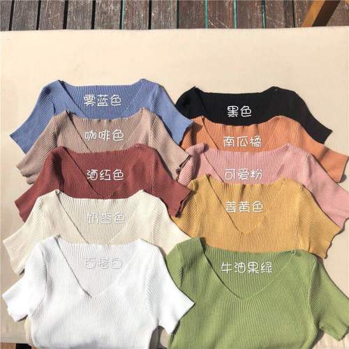 Summer chic slim fit Korean version V-neck base shirt retro short sleeve T-shirt versatile knitwear top women's sweater