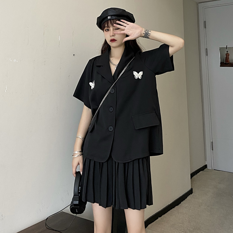 New~simple niche Hepburn style black all-match two-piece suit skirt