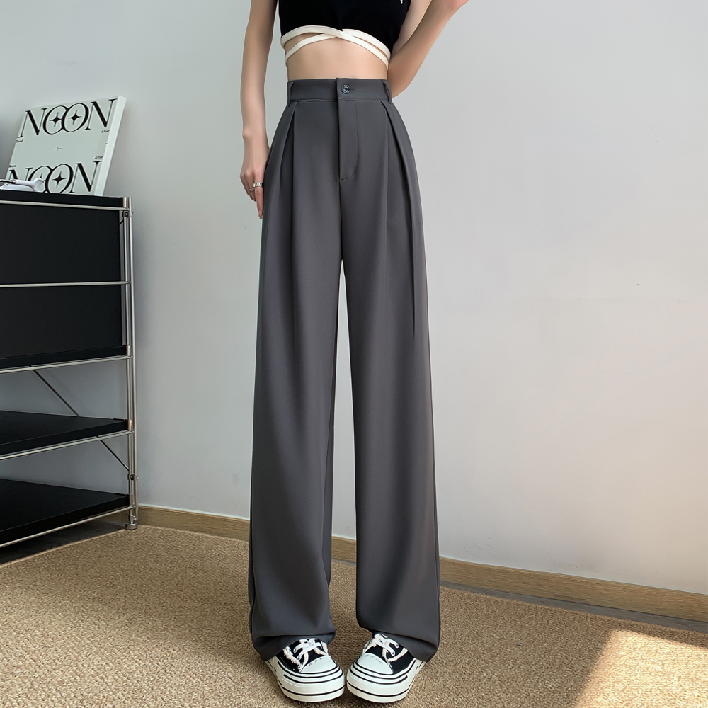 Black wide-leg pants for women, new style, high-waisted, straight-leg, narrow-fit, loose, casual, gray floor-length suit trousers