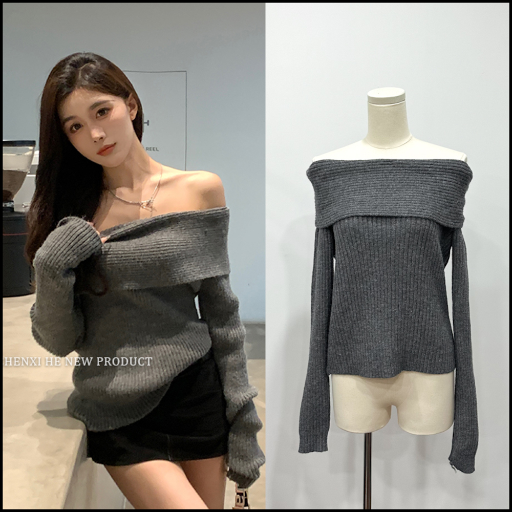 He Chenxi gentle style gray one-shoulder sweater women's autumn new loose lazy air off-the-shoulder knitted top