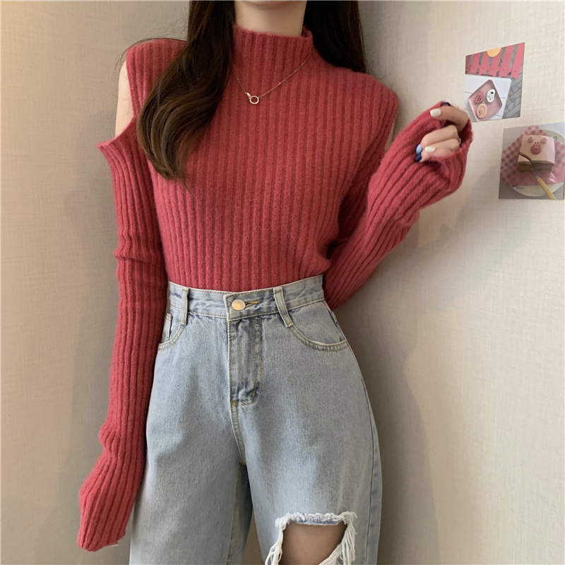 Real shot real price new Hanfeng slim fit off shoulder versatile thin sweater
