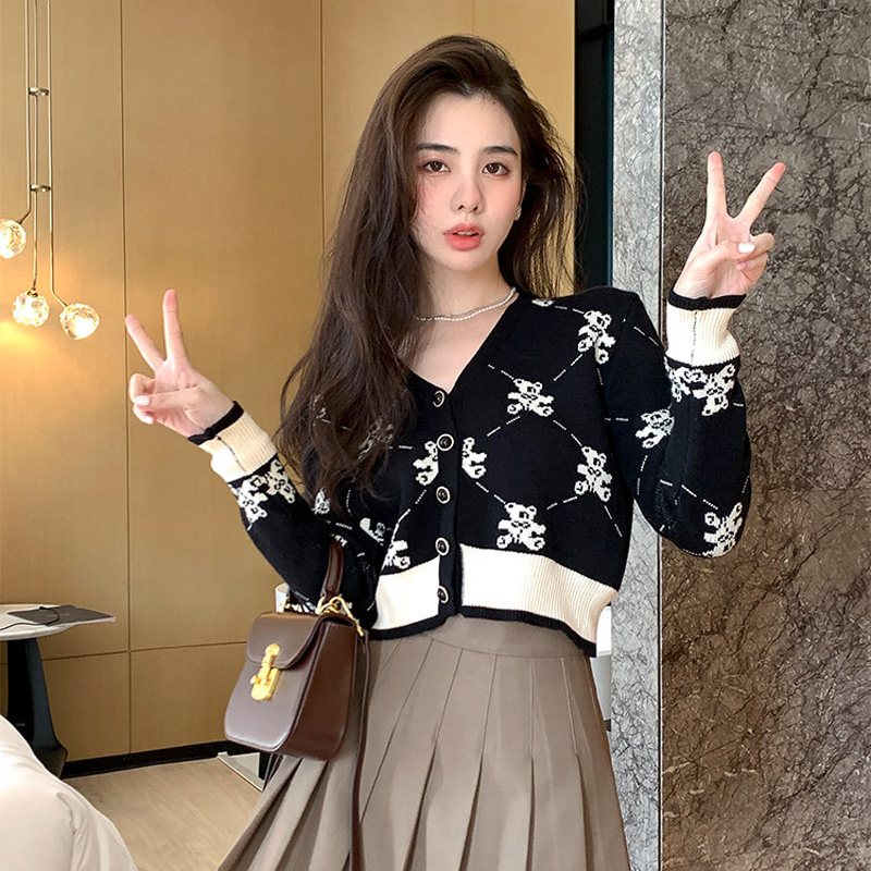 2022 knitted cardigan jacket long sleeve V-neck short top cartoon sweater female design sense niche