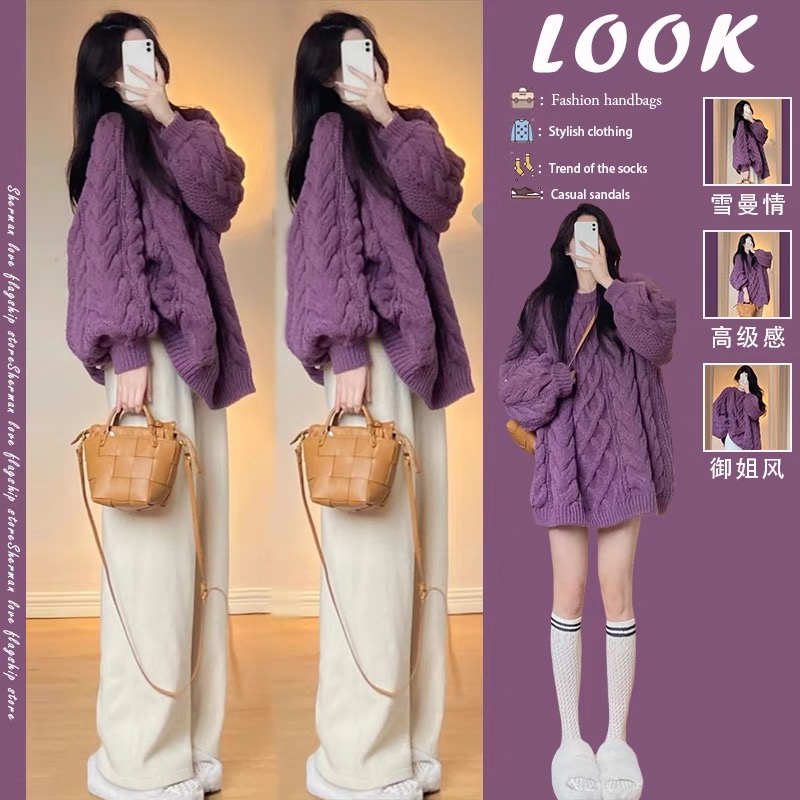 Design Sense Niche Japanese Retro High Sense 2022 New Spring and Autumn Lazy Wind Purple Twist Sweater Women's Autumn