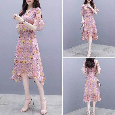 Floral dress women's new summer slim temperament show thin medium long collar Ruffle Skirt