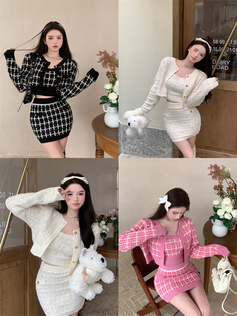 Real Shot Real Price Small Fragrance Knitted Cardigan + Sexy Short Skirt + Sweet Pants Hot Girl Sling