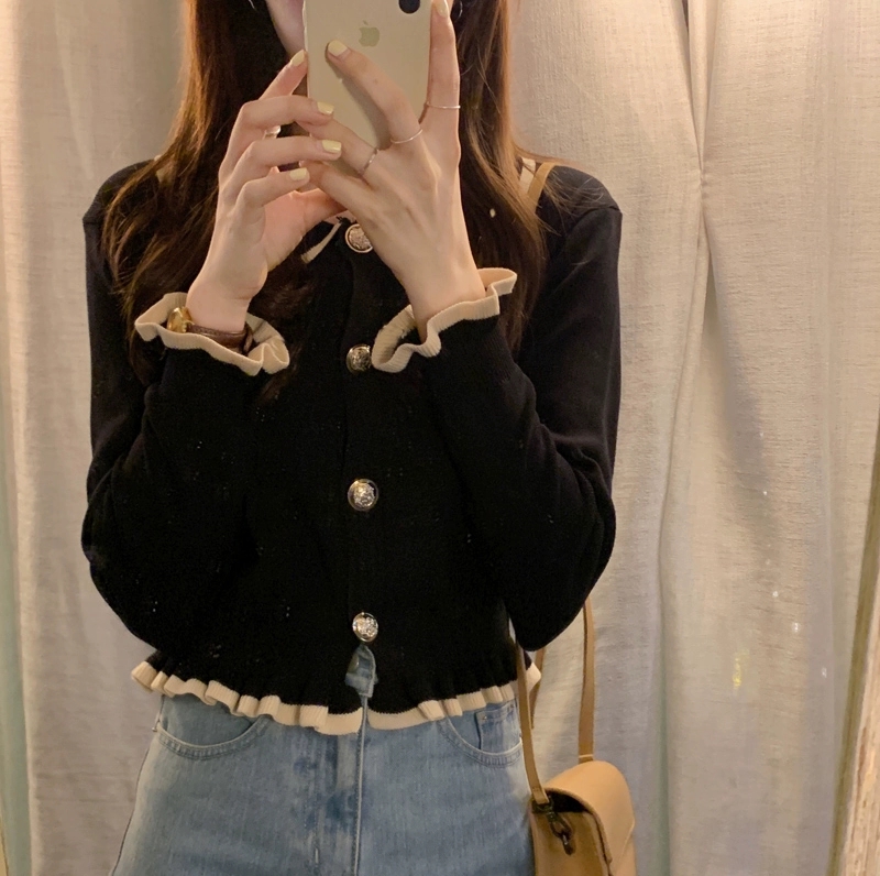 Long sleeve fungus edge cardigan knitted T-shirt women's autumn 2021 new design sense minority polo collar short top