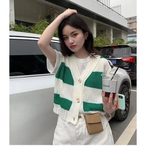 Summer new Korean version small fresh fashion loose cardigan Color Matching stripe knitted vest