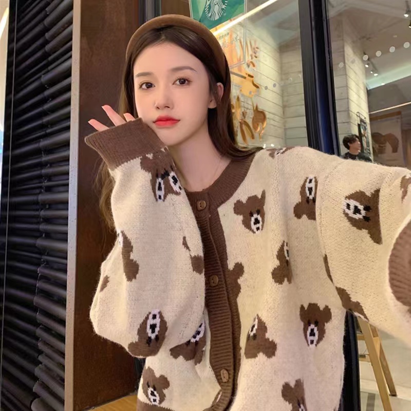 South Korea Dongdaemun cute bear sweater women's round neck retro puff sleeves thin short knitted jacket trendy