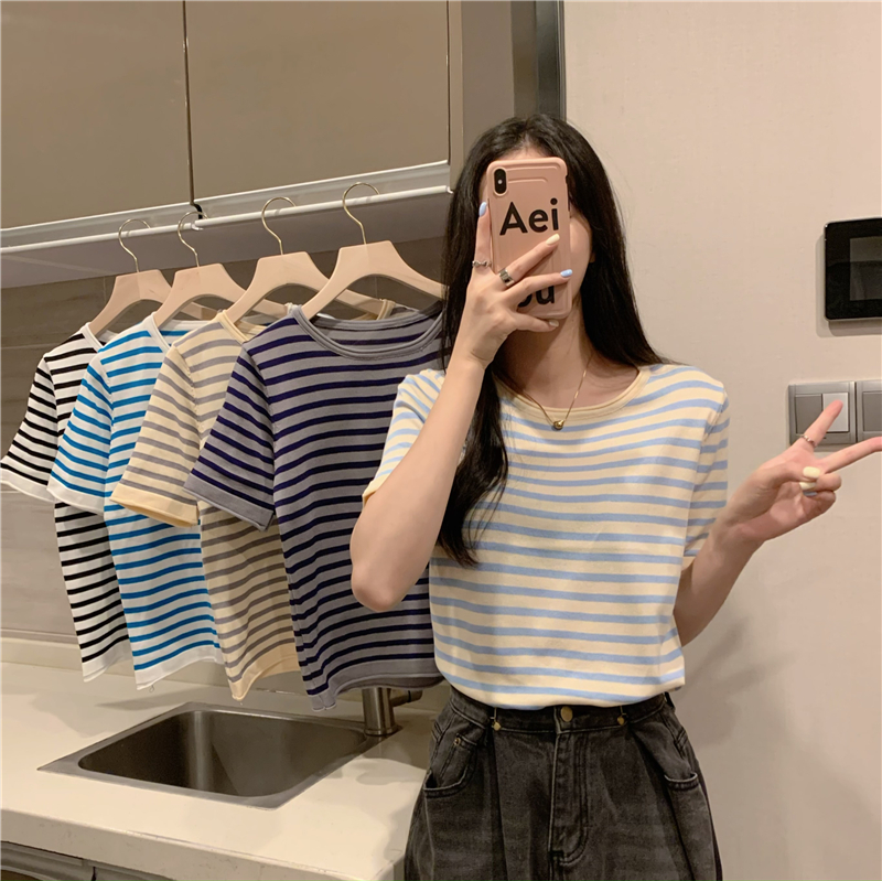 Real price classic round neck stripe loose and versatile short sleeve knitted bottoms T-Shirt Top Women
