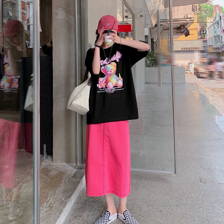Pink high waist denim skirt women's 2022 summer new Korean version loose and thin a-word medium and long straight skirt