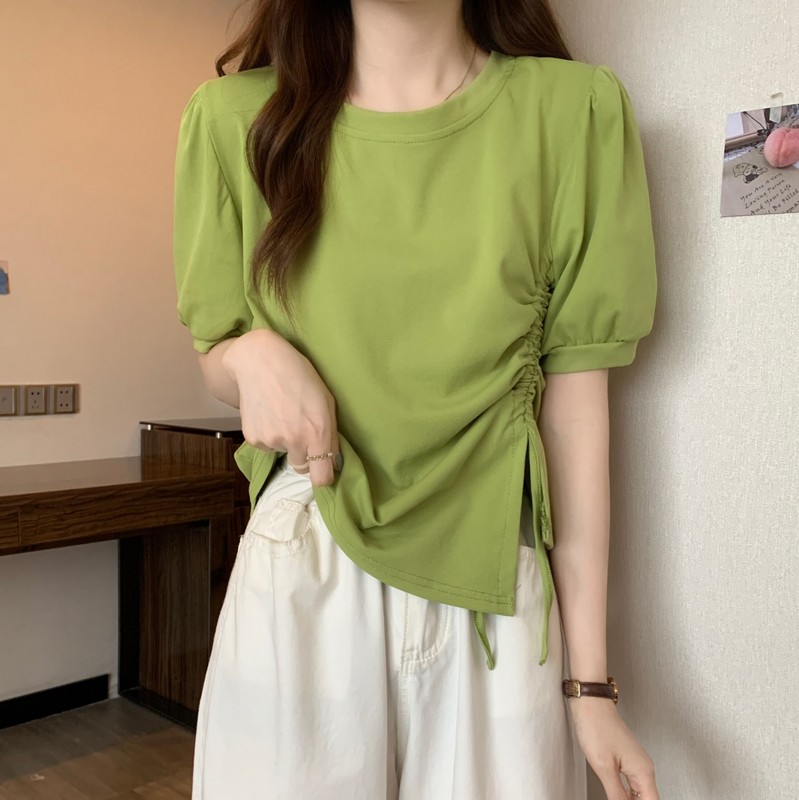 Real price and real shooting new Korean round neck design, side drawstring bubble sleeve, loose and lazy short sleeve top