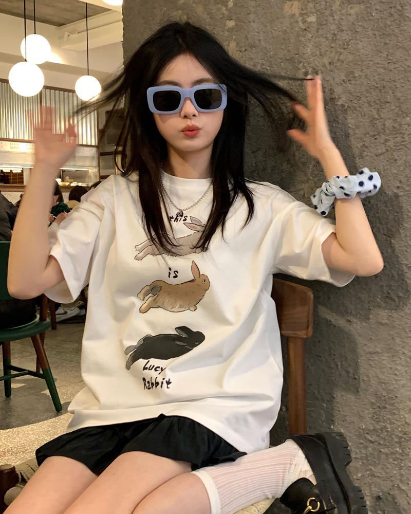 Back Wrap Cotton+Cotton Thread Collar New Pure Cotton Short Sleeve T-shirt Women's Print