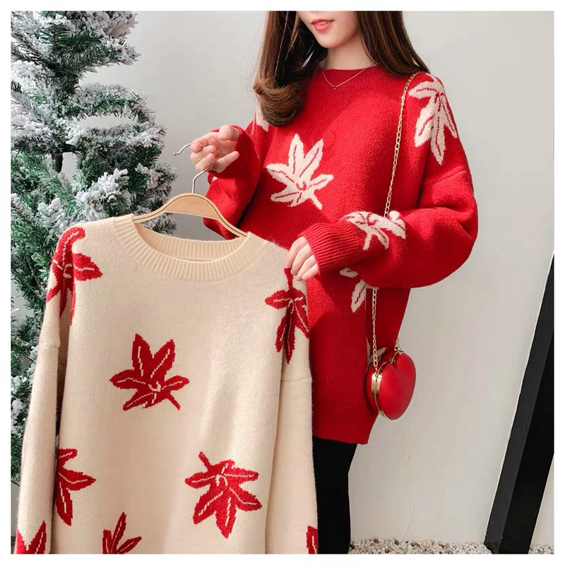 Christmas knitted sweater women's 2022 autumn and winter new year red pullover sweater loose lazy style knitted top
