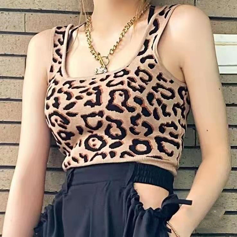 European and American style slim fit short square collar leopard pattern knitted suspender vest for women