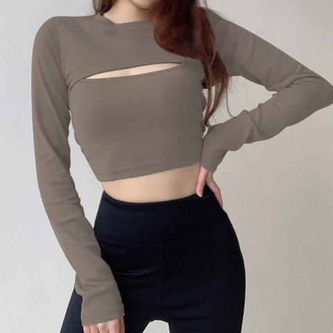 Official picture net price double-sided velvet brushed long-sleeved T-shirt women's sling two-piece set