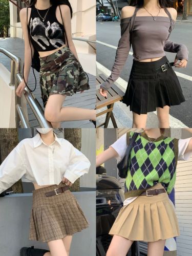 Real price and real shooting three standard high waist leather buckle A-line pleated skirt design, niche versatile skirt