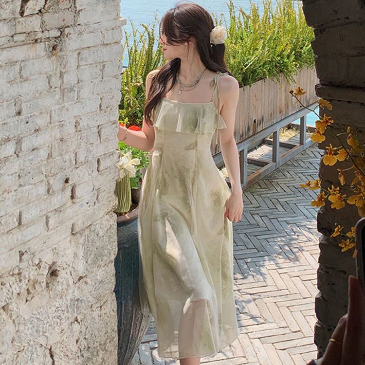 Plum ripe suspender long skirt fairy flounce printed chiffon skirt children summer sleeveless dress 2022 new