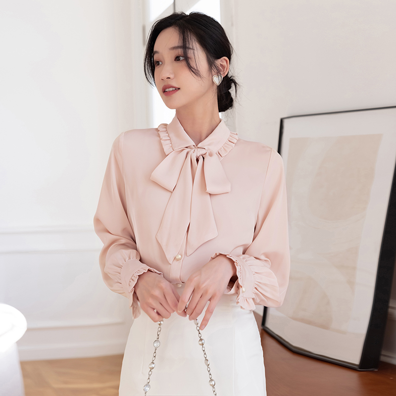 2022 spring new style Lapel bubble sleeve gentle pink chiffon shirt women's minority top chic shirt