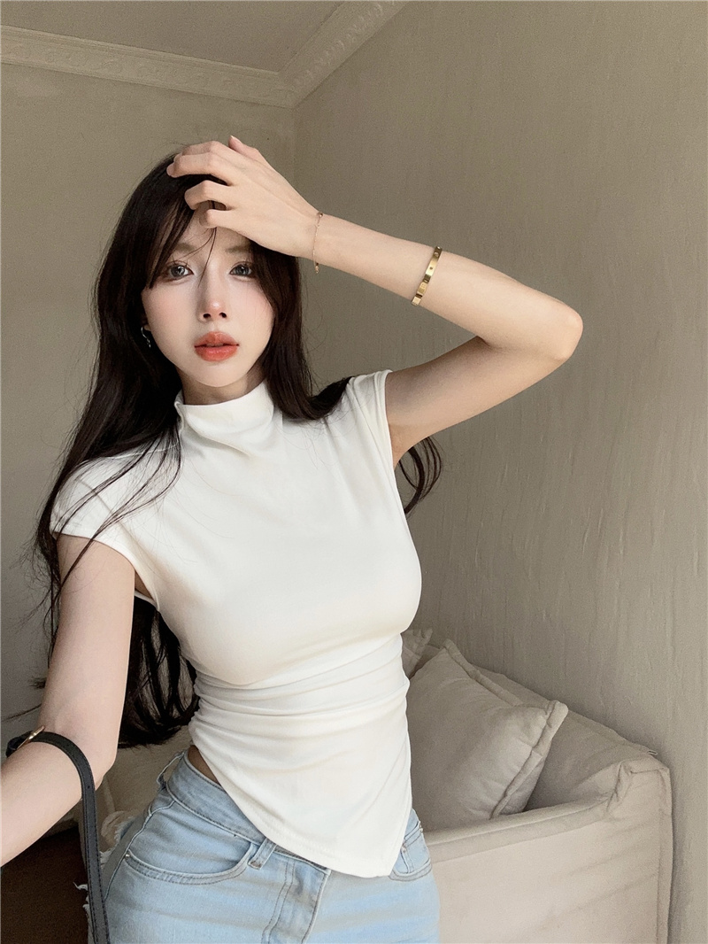 Real price real shot American white t-shirt women's half-high collar short-sleeved 2023 new thin irregular bottoming top