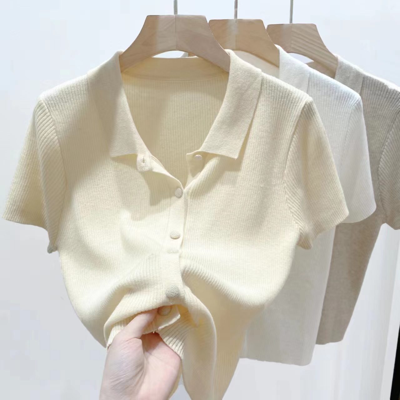 Lost spring / summer new polo collar short sleeve T-shirt women's design sense regular loose commuting Pullover solid color cardigan