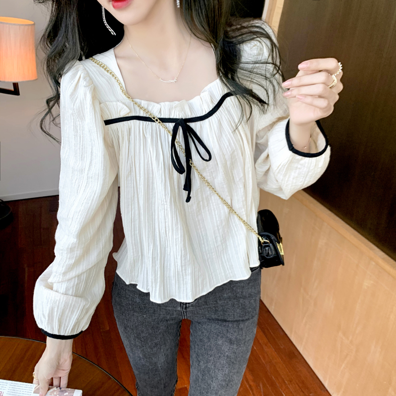 Real shot 2021 spring and summer new Korean square collar thin and gentle apricot short shirt top women's chiffon shirt