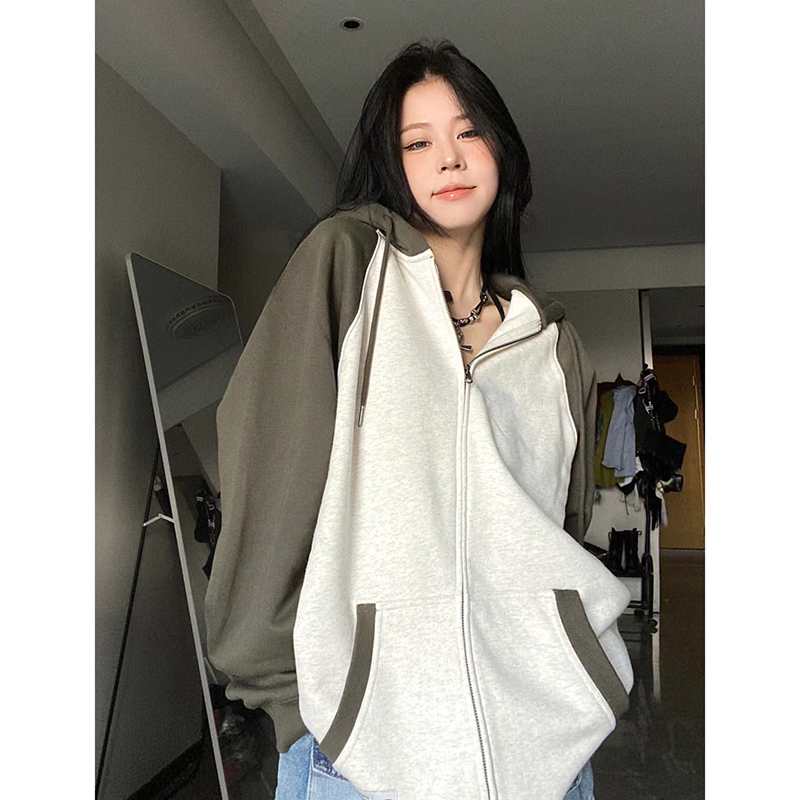 American retro alphabet print long-sleeved sweater women's trendy ins early autumn new style color-blocking lazy wind mid-length top