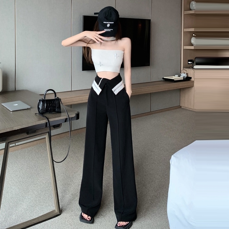 Fashionable black cuffed wide leg pants women's 2022 new loose and sagging design sense of niche floor dragging casual pants