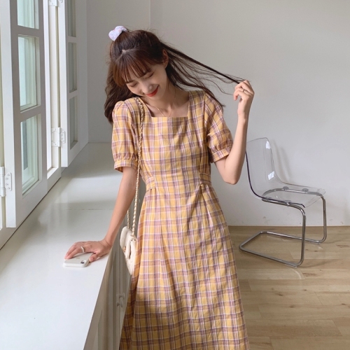 Real photo real price Korean lace up waist show thin collar square collar Plaid little fresh dress