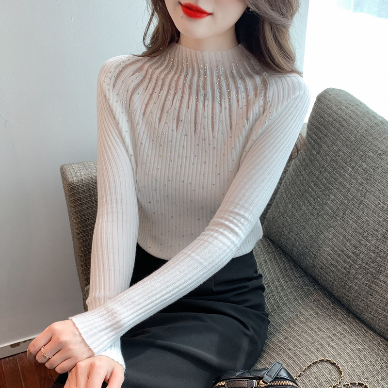 2022 real shooting autumn and winter new inner wear long-sleeved semi-high collar bottoming with drill all-match top women's