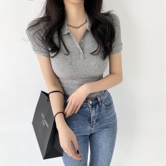 Real shot white T-shirt short sleeve European station 2021 summer new polo collar short top backing