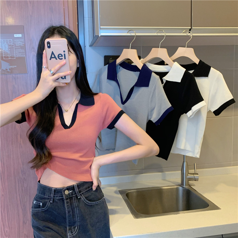 Real shot real price stitching hit color hot girl POLO collar short-sleeved knit all-match slim v-neck short chic T-shirt top