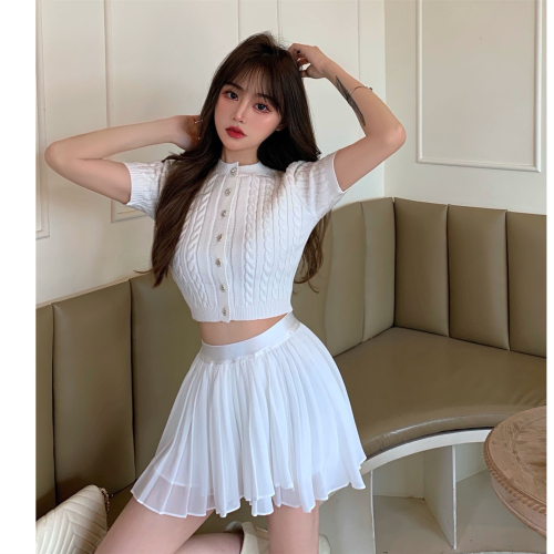 Real price fashion knitted short sleeved belly button top women's pleated high waist short skirt fashion