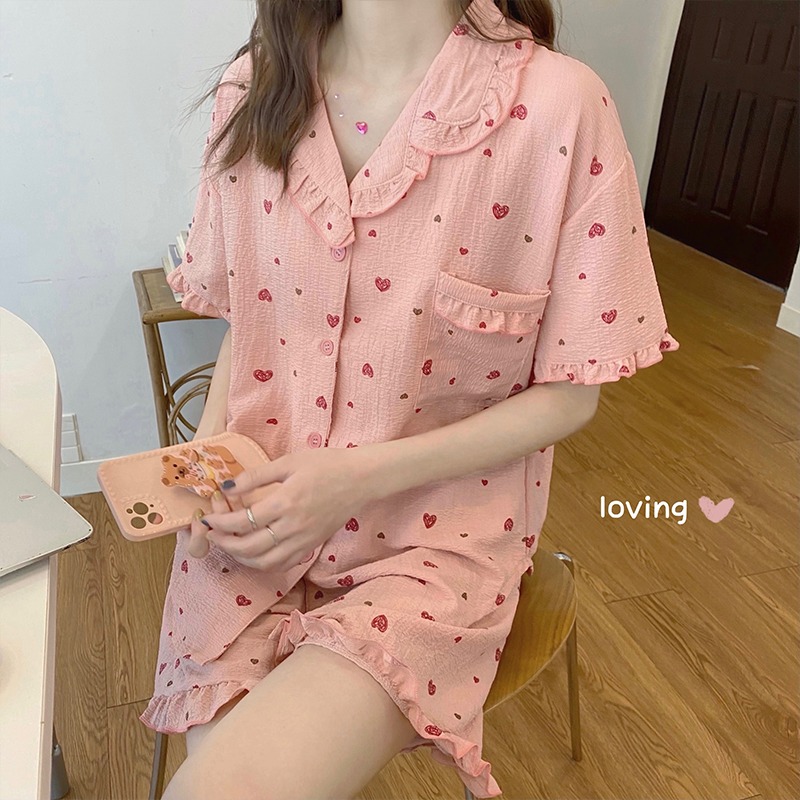 Real shooting pajamas women's summer cotton can wear short sleeved cardigan shorts cartoon cute casual suit