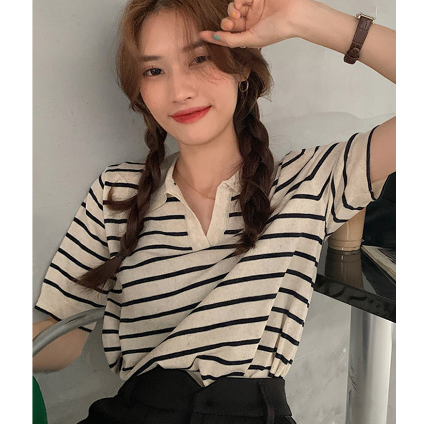 Lazy wind stripe short sleeve T-shirt women's summer 2021 new Korean loose and versatile V-neck half sleeve top