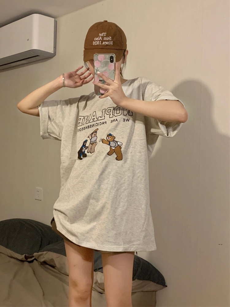 Pure cotton back strip Spring and summer loose right shoulder printed short-sleeved T-shirt
