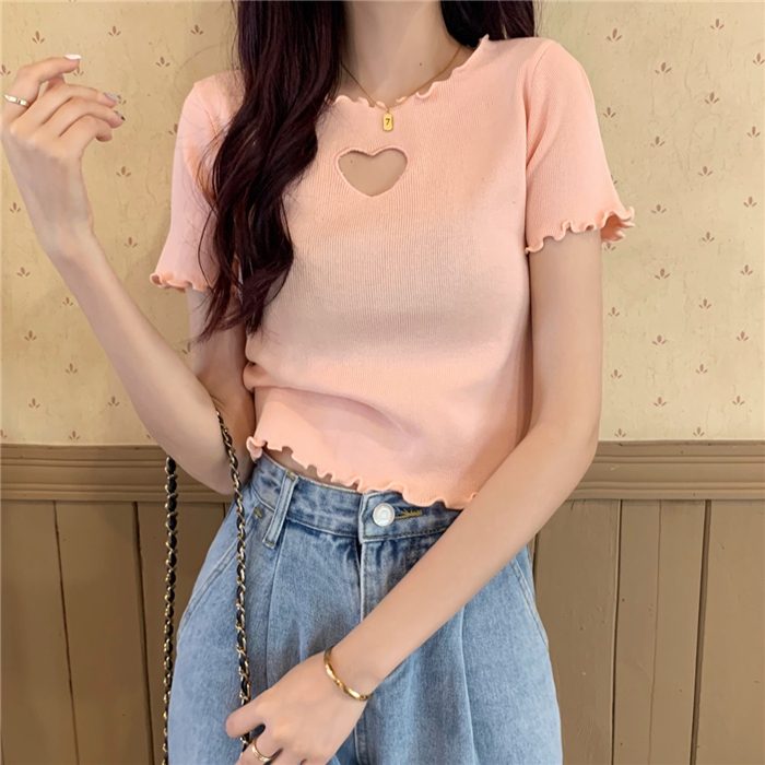 Real auction and real price short Knitted Top with auricular edge female love hollow out embroidered short sleeve round neck T-shirt