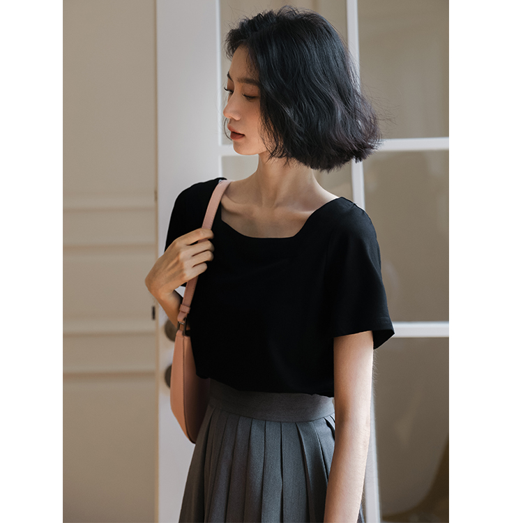 Real shooting French square neck black short sleeve T-shirt summer women's new women's clavicle top women's T-shirt