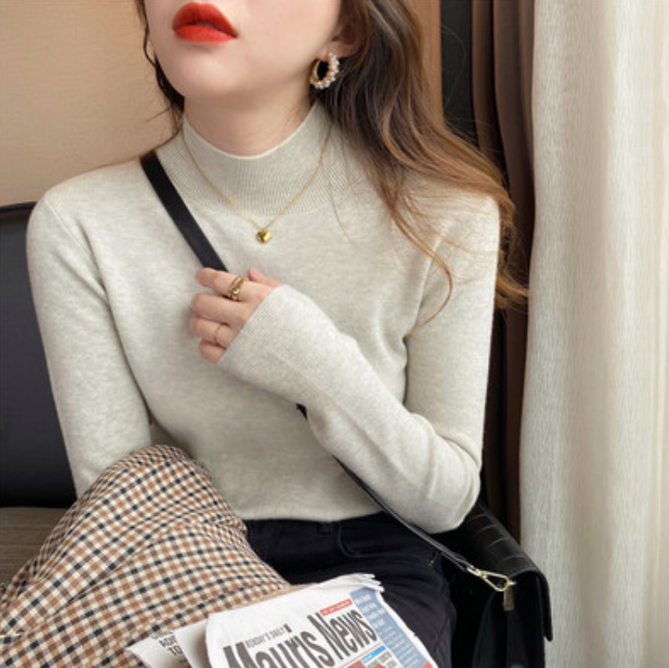 Wool knitted sweater women's autumn new half turtleneck bottoming shirt autumn and winter all-match western style long-sleeved inner slim top