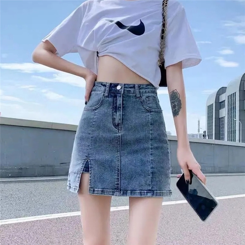 Split Denim Short Skirt women's summer 2022 new high waist, slim and anti-wear A-line wrap hip skirt, half Skirt 6