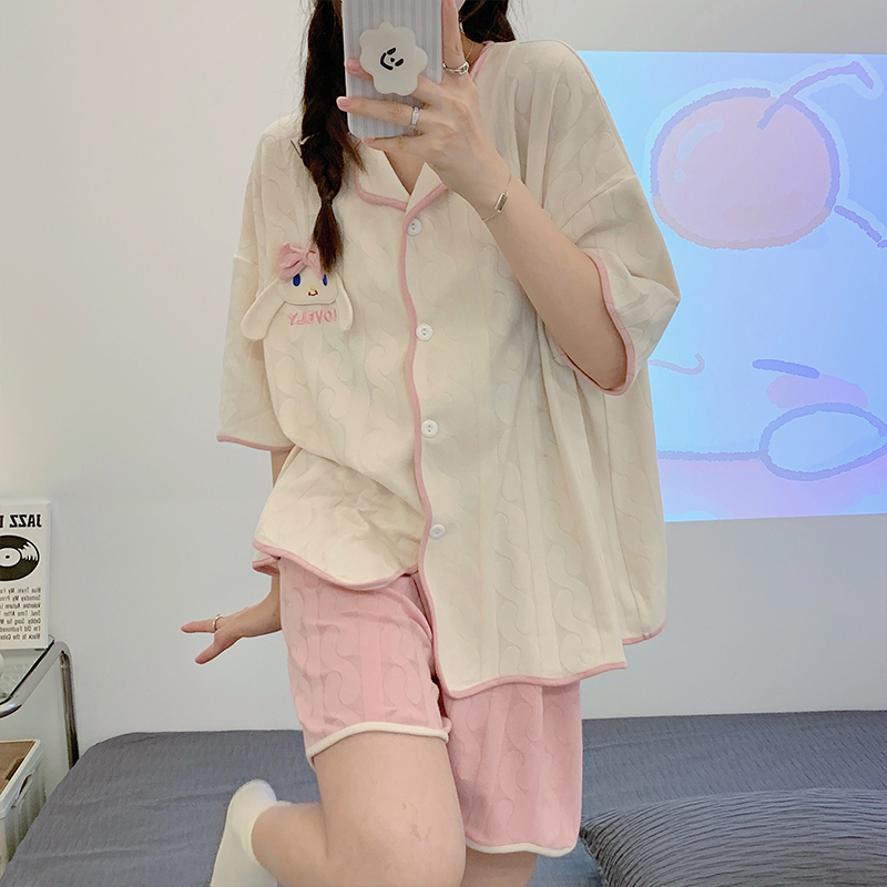 Real shooting of summer pajamas women's short sleeve loose V-neck strip cardigan sweet and lovely pajamas home clothes