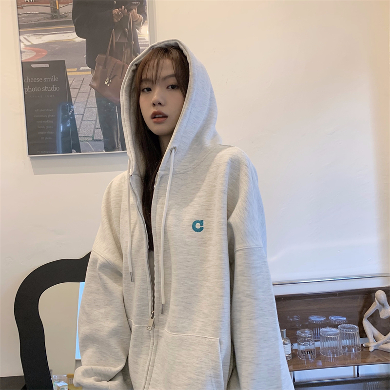 2023 Winter New Korean Style Loose Embroidered Letter Cardigan Hooded Sweater Women's Zipper Jacket