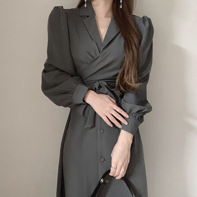 Korean chic early autumn temperament cross bandage design waist closing thin shirt skirt dress