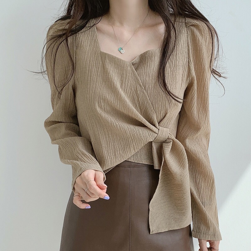 Korean chic autumn retro slim square neck irregular lace irregular design loose Long Sleeve Shirt