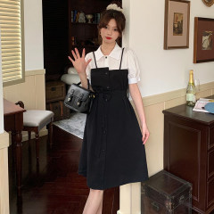 2022 Summer Black and white stitching fake two-piece dress design sense Korean lace up waist shirt skirt