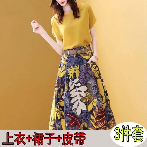 One piece / suit 2021 foreign style round neck fashion short sleeve T-shirt floral skirt suit skirt two piece suit
