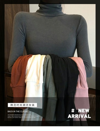 Solid color turtleneck plus velvet warm bottoming shirt women's Korean version autumn and winter long-sleeved T-shirt women's slim top trendy