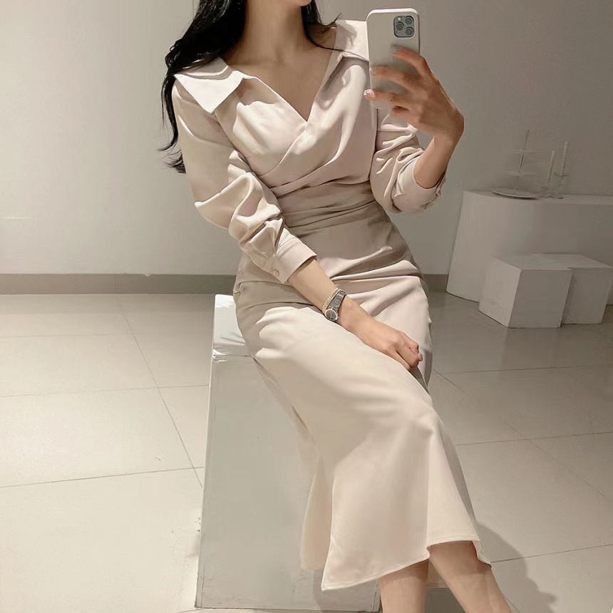 Korean chic spring French lapel waist slim puff sleeve dress femininity elegant tie dress