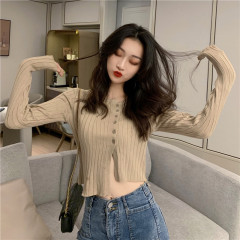 實拍不規則單排扣顯瘦短款針織開衫實價